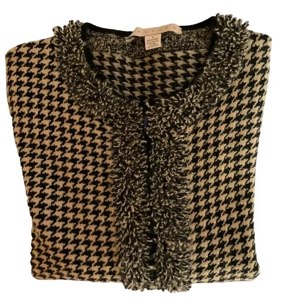 Belford Cardigan Cashmere Black Tan Houndstooth Loop Fringe Trim Zip Front Large